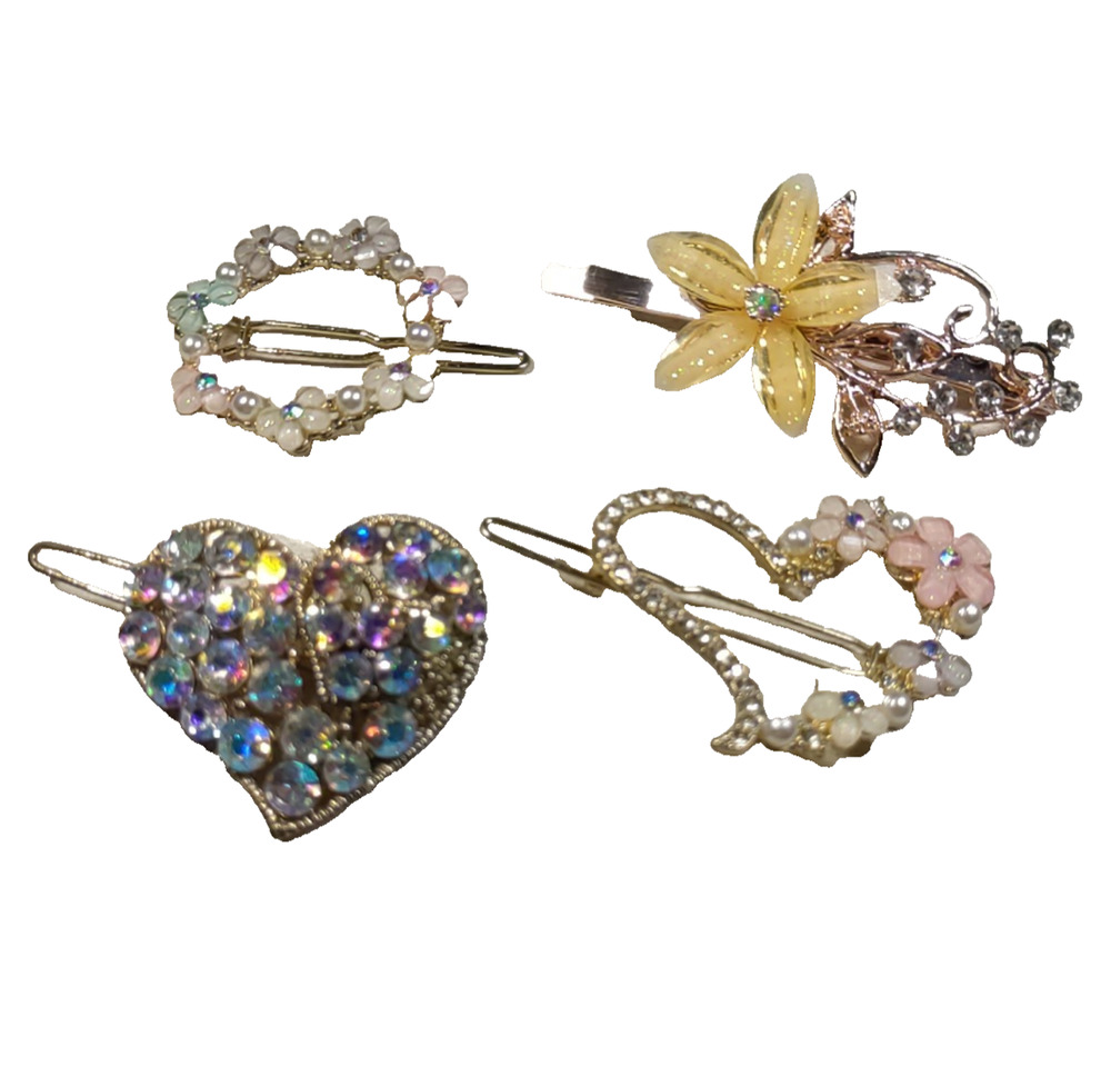 Lot Of 4 Hair Barrette Floral Rhinestone Preppy Regency Classic